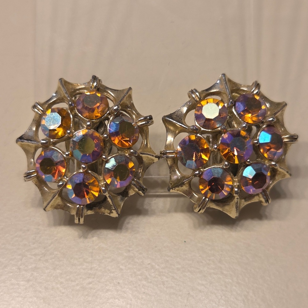 Vintage‎ Aurora Borealis AB Rhinestone Clip On Earrings Starburst Gold Tone